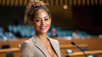 confident woman speaking at podium in formal setting, showcasing leadership photo