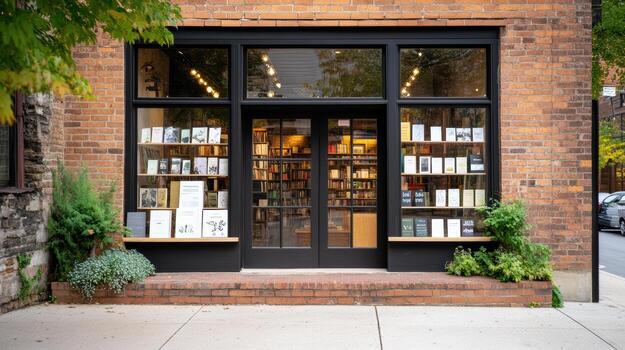 cozy bookstore window display showcasing various books and plants photo