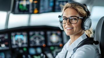 Professional female pilot smiling in cockpit with flight instruments photo