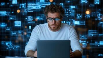 focused man working on laptop, analyzing data and creating vision statement photo