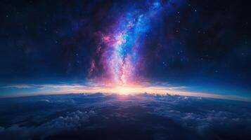 stunning cosmic view of galaxy illuminating horizon above clouds photo