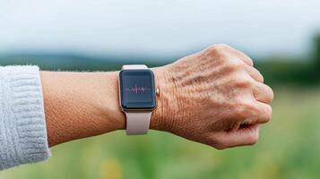 smartwatch displaying heart rate data on user wrist in nature photo