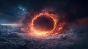 stunning cosmic scene featuring fiery ring amidst clouds, evoking awe photo