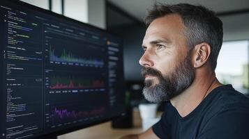 business leader analyzing key performance metrics on computer screen photo