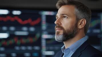business professional analyzing market trends with focused expression photo