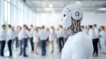 futuristic career fair featuring humanoid robot among attendees photo