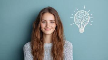 Empowered woman smiling with creative ideas on blue background photo