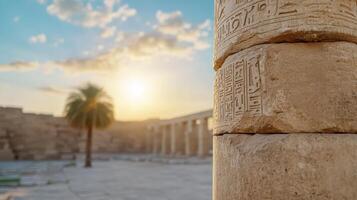 Ancient stone column with hieroglyphs at sunset in temple courtyard photo