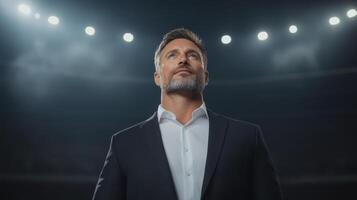 confident man in suit standing under bright stadium lights, exuding determination photo