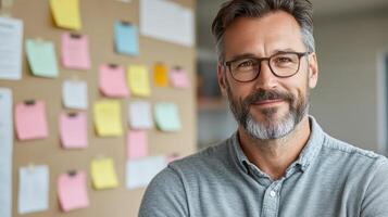 confident man with glasses smiles in office setting with colorful notes photo