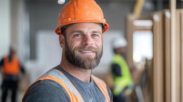 construction manager smiling while reviewing plans on site photo