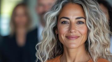 Empowered woman smiling in corporate setting with diverse colleagues photo