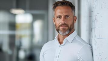 confident corporate leader standing by digital whiteboard, showcasing ideas photo