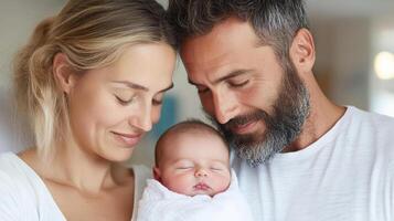 couple lovingly gazing at their newborn in hospital setting photo