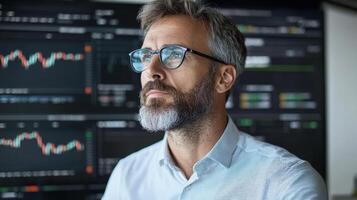 Finance analyst observing stock market trends with focus and determination photo