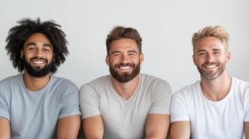 Smiling men with diverse hairstyles and beards, showcasing friendship and joy photo