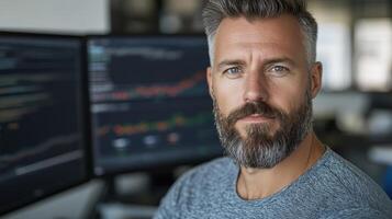 financial journalist analyzing market trends with confidence and focus photo
