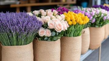 Fresh flowers in woven baskets, showcasing vibrant colors and textures photo