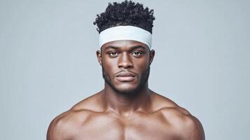Futuristic athlete with smart clothing and headband, showcasing strength and focus photo