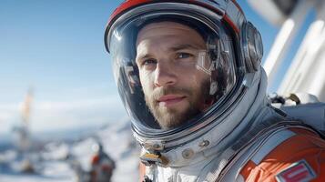 futuristic astronaut advanced exosuit gazes into distance, showcasing determination and photo