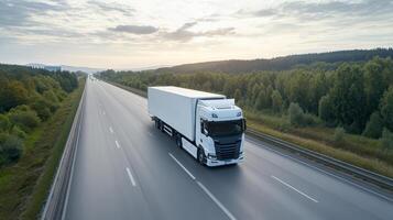 Futuristic autonomous truck on highway, showcasing advanced transport technology photo