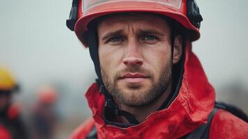 determined firefighter wearing red helmet and gear, ready for action photo