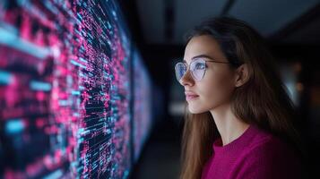 Focused woman observing digital data on futuristic screen display photo