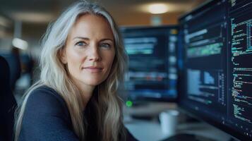 focused woman in modern digital workspace, working on coding tasks photo