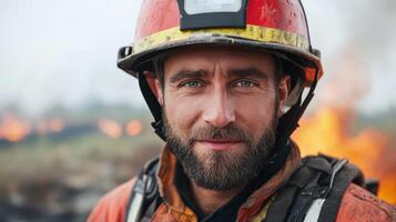 Futuristic firefighter wearing smart helmet, showcasing bravery and resilience photo