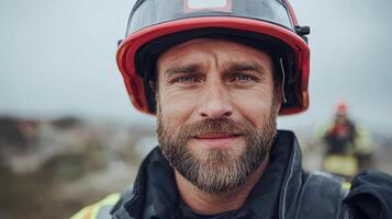 Futuristic firefighter wearing smart helmet, showcasing confidence and readiness photo