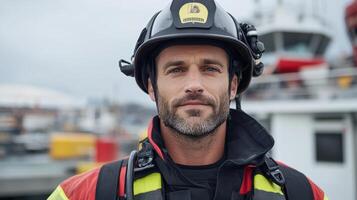 Futuristic firefighter wearing smart helmet, ready for action at port photo