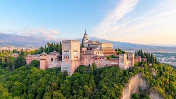 stunning view of Alhambra palace in Spain, surrounded by lush greenery photo