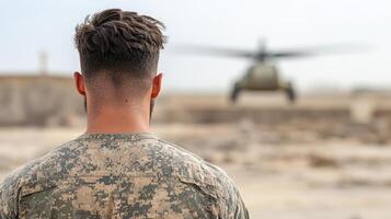soldier observing helicopter during mission execution plan photo