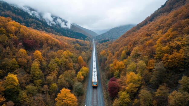 train travels through vibrant autumn forest, surrounded by colorful trees photo