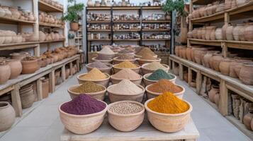 Colorful spices arranged in bowls in traditional market setting photo