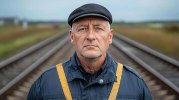Old train conductor standing on railway tracks, exuding confidence and pride photo