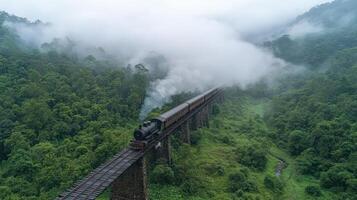 train crosses old stone bridge over misty river surrounded by lush greenery photo