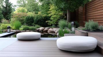 tranquil garden with koi pond, stone lanterns, and modern seating photo
