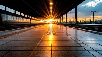 train station at dawn with railway tracks reflecting sunlight photo