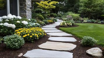 tranquil garden with stone path and blooming flowers creates serene atmosphere photo