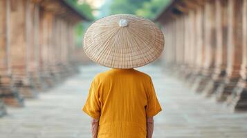 traveler exploring ancient temple, wearing traditional hat, reflects on history photo