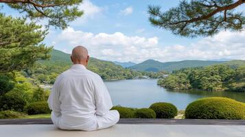 serene traveler meditating by tranquil lake surrounded by nature photo