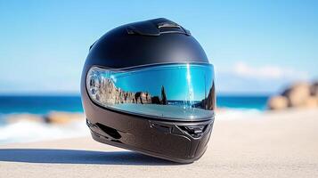 traveler helmet reflecting coastline, showcasing adventure and freedom photo