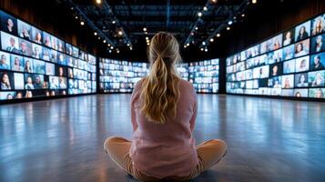 woman sits on floor, captivated by large display of virtual faces photo