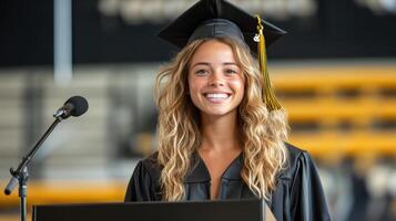 Graduation ceremony with smiling female graduate in cap and gown photo