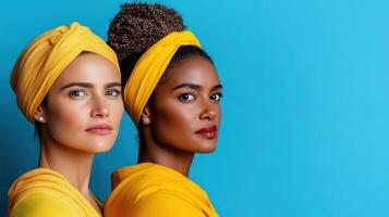 Empowered women in vibrant yellow outfits with headwraps against blue background photo