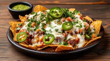 vibrant plate of nachos topped with cheese, jalapenos, and fresh herbs photo