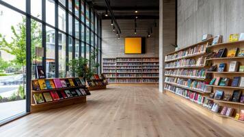 vibrant public library display featuring books on shelves and natural light photo