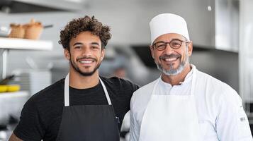 Young chefs smiling in modern kitchen, showcasing teamwork and passion photo