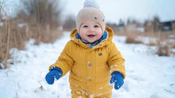 joyful baby in bright yellow winter coat playing in snow, surrounded by nature photo